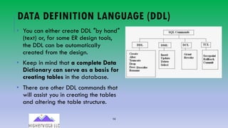 14
DATA DEFINITION LANGUAGE (DDL)
• You can either create DDL ″by hand″
(text) or, for some ER design tools,
the DDL can be automatically
created from the design.
• Keep in mind that a complete Data
Dictionary can serve as a basis for
creating tables in the database.
• There are other DDL commands that
will assist you in creating the tables
and altering the table structure.
 