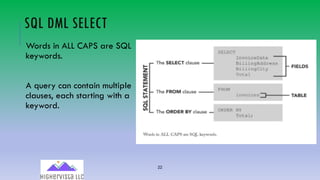 22
SQL DML SELECT
Words in ALL CAPS are SQL
keywords.
A query can contain multiple
clauses, each starting with a
keyword.
 