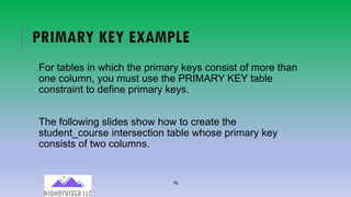 76
PRIMARY KEY EXAMPLE
For tables in which the primary keys consist of more than
one column, you must use the PRIMARY KEY table
constraint to define primary keys.
The following slides show how to create the
student_course intersection table whose primary key
consists of two columns.
 
