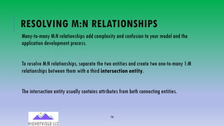 78
RESOLVING M:N RELATIONSHIPS
Many-to-many M:N relationships add complexity and confusion to your model and the
application development process.
To resolve M:N relationships, separate the two entities and create two one-to-many 1:M
relationships between them with a third intersection entity.
The intersection entity usually contains attributes from both connecting entities.
 