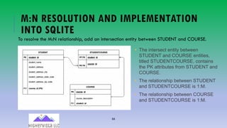 84
M:N RESOLUTION AND IMPLEMENTATION
INTO SQLITE
To resolve the M:N relationship, add an intersection entity between STUDENT and COURSE.
• The intersect entity between
STUDENT and COURSE entities,
titled STUDENTCOURSE, contains
the PK attributes from STUDENT and
COURSE.
• The relationship between STUDENT
and STUDENTCOURSE is 1:M.
• The relationship between COURSE
and STUDENTCOURSE is 1:M.
 