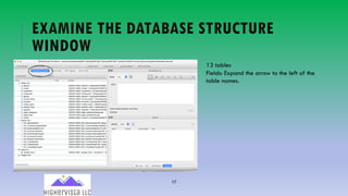 17
EXAMINE THE DATABASE STRUCTURE
WINDOW
13 tables
Fields: Expand the arrow to the left of the
table names.
 