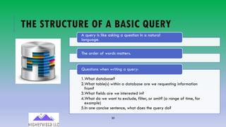 30
THE STRUCTURE OF A BASIC QUERY
A query is like asking a question in a natural
language.
The order of words matters.
1.What database?
2.What table(s) within a database are we requesting information
from?
3.What fields are we interested in?
4.What do we want to exclude, filter, or omit? (a range of time, for
example)
5.In one concise sentence, what does the query do?
Questions when writing a query:
 