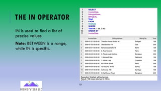 53
THE IN OPERATOR
IN is used to find a list of
precise values.
Note: BETWEEN is a range,
while IN is specific.
 