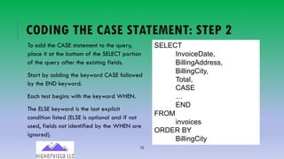 72
CODING THE CASE STATEMENT: STEP 2
To add the CASE statement to the query,
place it at the bottom of the SELECT portion
of the query after the existing fields.
Start by adding the keyword CASE followed
by the END keyword.
Each test begins with the keyword WHEN.
The ELSE keyword is the last explicit
condition listed (ELSE is optional and if not
used, fields not identified by the WHEN are
ignored).
SELECT
InvoiceDate,
BillingAddress,
BillingCity,
Total,
CASE
…
END
FROM
invoices
ORDER BY
BillingCity
 