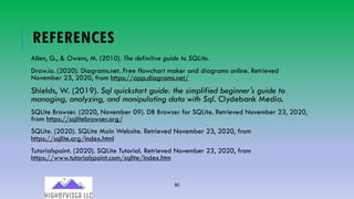 80
REFERENCES
Allen, G., & Owens, M. (2010). The definitive guide to SQLite.
Draw.io. (2020). Diagrams.net. Free flowchart maker and diagrams online. Retrieved
November 23, 2020, from https://app.diagrams.net/
Shields, W. (2019). Sql quickstart guide: the simplified beginner's guide to
managing, analyzing, and manipulating data with Sql. Clydebank Media.
SQLite Browser. (2020, November 09). DB Browser for SQLite. Retrieved November 23, 2020,
from https://sqlitebrowser.org/
SQLite. (2020). SQLite Main Website. Retrieved November 23, 2020, from
https://sqlite.org/index.html
Tutorialspoint. (2020). SQLite Tutorial. Retrieved November 23, 2020, from
https://www.tutorialspoint.com/sqlite/index.htm
 
