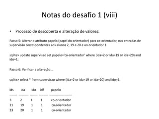 Notas do desafio 1 (viii)
• Processo de descoberta e alteração de valores:
Passo 5: Alterar o atributo papelo (papel do orientador) para co-orientador, nas entradas de
supervisão correspondentes aos alunos 2, 19 e 20 e ao orientador 1
sqlite> update supervisao set papelo='co-orientador' where (ida=2 or ida=19 or ida=20) and
ido=1;
Passo 6: Verificar a alteração...
sqlite> select * from supervisao where (ida=2 or ida=19 or ida=20) and ido=1;
ids ida ido idf papelo
------- --------- ------- -------- ---------------------
3 2 1 1 co-orientador
21 19 1 1 co-orientador
23 20 1 1 co-orientador
Luís Borges Gouveia, lmbg@ufp.edu.pt
 