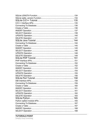 TUTORIALS POINT
Simply Easy Learning
SQLite LENGTH Function......................................................................134
SQLite sqlite_version Function...............................................................134
SQLite C/C++ Tutorial.......................................................... 135
C/C++ Interface APIs .............................................................................135
Connecting To Database........................................................................136
Create a Table .......................................................................................136
INSERT Operation .................................................................................137
SELECT Operation ................................................................................138
UPDATE Operation................................................................................140
DELETE Operation ................................................................................141
SQLite Java Tutorial ............................................................ 144
Connecting To Database........................................................................144
Create a Table .......................................................................................145
INSERT Operation .................................................................................145
SELECT Operation ................................................................................146
UPDATE Operation................................................................................148
DELETE Operation ................................................................................149
SQLite PHP Tutorial............................................................. 151
PHP Interface APIs ................................................................................151
Connecting To Database........................................................................152
Create a Table .......................................................................................152
INSERT Operation .................................................................................153
SELECT Operation ................................................................................154
UPDATE Operation................................................................................155
DELETE Operation ................................................................................156
SQLite Perl Tutorial.............................................................. 158
DBI Interface APIs..................................................................................158
Connecting To Database........................................................................159
Create a Table .......................................................................................160
INSERT Operation .................................................................................161
SELECT Operation ................................................................................161
UPDATE Operation................................................................................162
DELETE Operation ................................................................................164
SQLite Python...................................................................... 165
Python sqlite3 module APIs ...................................................................165
Connecting To Database........................................................................167
Create a Table .......................................................................................167
INSERT Operation .................................................................................168
SELECT Operation ................................................................................168
 