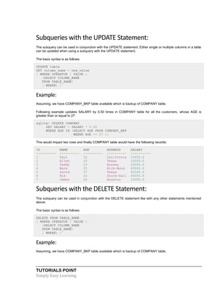 TUTORIALS POINT
Simply Easy Learning
Subqueries with the UPDATE Statement:
The subquery can be used in conjunction with the UPDATE statement. Either single or multiple columns in a table
can be updated when using a subquery with the UPDATE statement.
The basic syntax is as follows:
UPDATE table
SET column_name = new_value
[ WHERE OPERATOR [ VALUE ]
(SELECT COLUMN_NAME
FROM TABLE_NAME)
[ WHERE) ]
Example:
Assuming, we have COMPANY_BKP table available which is backup of COMPANY table.
Following example updates SALARY by 0.50 times in COMPANY table for all the customers, whose AGE is
greater than or equal to 27:
sqlite> UPDATE COMPANY
SET SALARY = SALARY * 0.50
WHERE AGE IN (SELECT AGE FROM COMPANY_BKP
WHERE AGE >= 27 );
This would impact two rows and finally COMPANY table would have the following records:
ID NAME AGE ADDRESS SALARY
---------- ---------- ---------- ---------- ----------
1 Paul 32 California 10000.0
2 Allen 25 Texas 15000.0
3 Teddy 23 Norway 20000.0
4 Mark 25 Rich-Mond 65000.0
5 David 27 Texas 42500.0
6 Kim 22 South-Hall 45000.0
7 James 24 Houston 10000.0
Subqueries with the DELETE Statement:
The subquery can be used in conjunction with the DELETE statement like with any other statements mentioned
above.
The basic syntax is as follows:
DELETE FROM TABLE_NAME
[ WHERE OPERATOR [ VALUE ]
(SELECT COLUMN_NAME
FROM TABLE_NAME)
[ WHERE) ]
Example:
Assuming, we have COMPANY_BKP table available which is backup of COMPANY table.
 