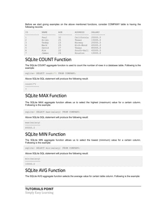 TUTORIALS POINT
Simply Easy Learning
Before we start giving examples on the above mentioned functions, consider COMPANY table is having the
following records:
ID NAME AGE ADDRESS SALARY
---------- ---------- ---------- ---------- ----------
1 Paul 32 California 20000.0
2 Allen 25 Texas 15000.0
3 Teddy 23 Norway 20000.0
4 Mark 25 Rich-Mond 65000.0
5 David 27 Texas 85000.0
6 Kim 22 South-Hall 45000.0
7 James 24 Houston 10000.0
SQLite COUNT Function
The SQLite COUNT aggregate function is used to count the number of rows in a database table. Following is the
example:
sqlite> SELECT count(*) FROM COMPANY;
Above SQLite SQL statement will produce the following result:
count(*)
----------
7
SQLite MAX Function
The SQLite MAX aggregate function allows us to select the highest (maximum) value for a certain column.
Following is the example:
sqlite> SELECT max(salary) FROM COMPANY;
Above SQLite SQL statement will produce the following result:
max(salary)
-----------
85000.0
SQLite MIN Function
The SQLite MIN aggregate function allows us to select the lowest (minimum) value for a certain column.
Following is the example:
sqlite> SELECT min(salary) FROM COMPANY;
Above SQLite SQL statement will produce the following result:
min(salary)
-----------
10000.0
SQLite AVG Function
The SQLite AVG aggregate function selects the average value for certain table column. Following is the example:
 