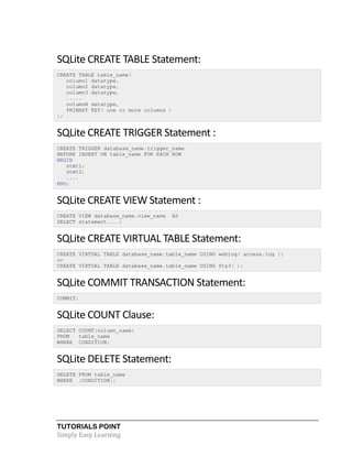 TUTORIALS POINT
Simply Easy Learning
SQLite CREATE TABLE Statement:
CREATE TABLE table_name(
column1 datatype,
column2 datatype,
column3 datatype,
.....
columnN datatype,
PRIMARY KEY( one or more columns )
);
SQLite CREATE TRIGGER Statement :
CREATE TRIGGER database_name.trigger_name
BEFORE INSERT ON table_name FOR EACH ROW
BEGIN
stmt1;
stmt2;
....
END;
SQLite CREATE VIEW Statement :
CREATE VIEW database_name.view_name AS
SELECT statement....;
SQLite CREATE VIRTUAL TABLE Statement:
CREATE VIRTUAL TABLE database_name.table_name USING weblog( access.log );
or
CREATE VIRTUAL TABLE database_name.table_name USING fts3( );
SQLite COMMIT TRANSACTION Statement:
COMMIT;
SQLite COUNT Clause:
SELECT COUNT(column_name)
FROM table_name
WHERE CONDITION;
SQLite DELETE Statement:
DELETE FROM table_name
WHERE {CONDITION};
 