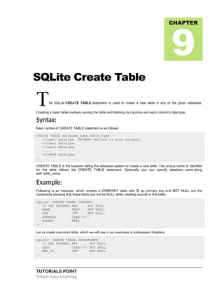 TUTORIALS POINT
Simply Easy Learning
SQLite Create Table
The SQLite CREATE TABLE statement is used to create a new table in any of the given database.
Creating a basic table involves naming the table and defining its columns and each column's data type.
Syntax:
Basic syntax of CREATE TABLE statement is as follows:
CREATE TABLE database_name.table_name(
column1 datatype PRIMARY KEY(one or more columns),
column2 datatype,
column3 datatype,
.....
columnN datatype,
);
CREATE TABLE is the keyword telling the database system to create a new table. The unique name or identifier
for the table follows the CREATE TABLE statement. Optionally you can specify database_name along
with table_name.
Example:
Following is an example, which creates a COMPANY table with ID as primary key and NOT NULL are the
constraints showing that these fields can not be NULL while creating records in this table:
sqlite> CREATE TABLE COMPANY(
ID INT PRIMARY KEY NOT NULL,
NAME TEXT NOT NULL,
AGE INT NOT NULL,
ADDRESS CHAR(50),
SALARY REAL
);
Let us create one more table, which we will use in our exercises in subsequent chapters:
sqlite> CREATE TABLE DEPARTMENT(
ID INT PRIMARY KEY NOT NULL,
DEPT CHAR(50) NOT NULL,
EMP_ID INT NOT NULL
);
CHAPTER
9
 