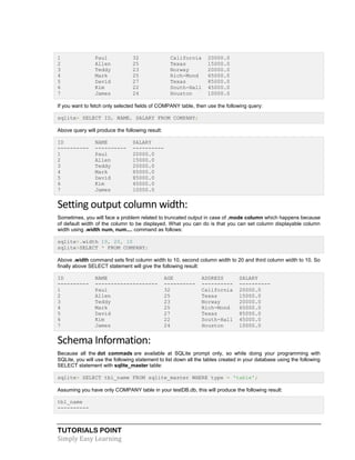 TUTORIALS POINT
Simply Easy Learning
1 Paul 32 California 20000.0
2 Allen 25 Texas 15000.0
3 Teddy 23 Norway 20000.0
4 Mark 25 Rich-Mond 65000.0
5 David 27 Texas 85000.0
6 Kim 22 South-Hall 45000.0
7 James 24 Houston 10000.0
If you want to fetch only selected fields of COMPANY table, then use the following query:
sqlite> SELECT ID, NAME, SALARY FROM COMPANY;
Above query will produce the following result:
ID NAME SALARY
---------- ---------- ----------
1 Paul 20000.0
2 Allen 15000.0
3 Teddy 20000.0
4 Mark 65000.0
5 David 85000.0
6 Kim 45000.0
7 James 10000.0
Setting output column width:
Sometimes, you will face a problem related to truncated output in case of .mode column which happens because
of default width of the column to be displayed. What you can do is that you can set column displayable column
width using .width num, num.... command as follows:
sqlite>.width 10, 20, 10
sqlite>SELECT * FROM COMPANY;
Above .width command sets first column width to 10, second column width to 20 and third column width to 10. So
finally above SELECT statement will give the following result:
ID NAME AGE ADDRESS SALARY
---------- -------------------- ---------- ---------- ----------
1 Paul 32 California 20000.0
2 Allen 25 Texas 15000.0
3 Teddy 23 Norway 20000.0
4 Mark 25 Rich-Mond 65000.0
5 David 27 Texas 85000.0
6 Kim 22 South-Hall 45000.0
7 James 24 Houston 10000.0
Schema Information:
Because all the dot commads are available at SQLite prompt only, so while doing your programming with
SQLite, you will use the following statement to list down all the tables created in your database using the following
SELECT statement with sqlite_master table:
sqlite> SELECT tbl_name FROM sqlite_master WHERE type = 'table';
Assuming you have only COMPANY table in your testDB.db, this will produce the following result:
tbl_name
----------
 