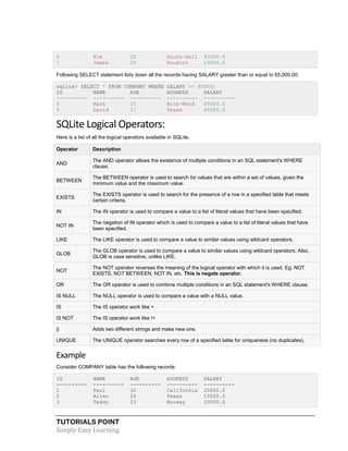 TUTORIALS POINT
Simply Easy Learning
6 Kim 22 South-Hall 45000.0
7 James 24 Houston 10000.0
Following SELECT statement lists down all the records having SALARY greater than or equal to 65,000.00:
sqlite> SELECT * FROM COMPANY WHERE SALARY >= 65000;
ID NAME AGE ADDRESS SALARY
---------- ---------- ---------- ---------- ----------
4 Mark 25 Rich-Mond 65000.0
5 David 27 Texas 85000.0
SQLite Logical Operators:
Here is a list of all the logical operators available in SQLite.
Operator Description
AND
The AND operator allows the existence of multiple conditions in an SQL statement's WHERE
clause.
BETWEEN
The BETWEEN operator is used to search for values that are within a set of values, given the
minimum value and the maximum value.
EXISTS
The EXISTS operator is used to search for the presence of a row in a specified table that meets
certain criteria.
IN The IN operator is used to compare a value to a list of literal values that have been specified.
NOT IN
The negation of IN operator which is used to compare a value to a list of literal values that have
been specified.
LIKE The LIKE operator is used to compare a value to similar values using wildcard operators.
GLOB
The GLOB operator is used to compare a value to similar values using wildcard operators. Also,
GLOB is case sensitive, unlike LIKE.
NOT
The NOT operator reverses the meaning of the logical operator with which it is used. Eg. NOT
EXISTS, NOT BETWEEN, NOT IN, etc. This is negate operator.
OR The OR operator is used to combine multiple conditions in an SQL statement's WHERE clause.
IS NULL The NULL operator is used to compare a value with a NULL value.
IS The IS operator work like =
IS NOT The IS operator work like !=
|| Adds two different strings and make new one.
UNIQUE The UNIQUE operator searches every row of a specified table for uniqueness (no duplicates).
Example
Consider COMPANY table has the following records:
ID NAME AGE ADDRESS SALARY
---------- ---------- ---------- ---------- ----------
1 Paul 32 California 20000.0
2 Allen 25 Texas 15000.0
3 Teddy 23 Norway 20000.0
 