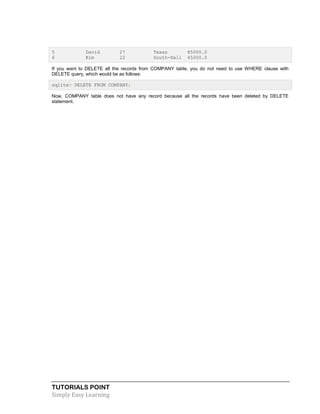 TUTORIALS POINT
Simply Easy Learning
5 David 27 Texas 85000.0
6 Kim 22 South-Hall 45000.0
If you want to DELETE all the records from COMPANY table, you do not need to use WHERE clause with
DELETE query, which would be as follows:
sqlite> DELETE FROM COMPANY;
Now, COMPANY table does not have any record because all the records have been deleted by DELETE
statement.
 