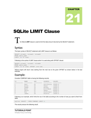 TUTORIALS POINT
Simply Easy Learning
SQLite LIMIT Clause
The SQLite LIMIT clause is used to limit the data amount returned by the SELECT statement.
Syntax:
The basic syntax of SELECT statement with LIMIT clause is as follows:
SELECT column1, column2, columnN
FROM table_name
LIMIT [no of rows]
Following is the syntax of LIMIT clause when it is used along with OFFSET clause:
SELECT column1, column2, columnN
FROM table_name
LIMIT [no of rows] OFFSET [row num]
SQLite engine will return rows starting from the next row to the given OFFSET as shown below in the last
example.
Example:
Consider COMPANY table is having the following records:
ID NAME AGE ADDRESS SALARY
---------- ---------- ---------- ---------- ----------
1 Paul 32 California 20000.0
2 Allen 25 Texas 15000.0
3 Teddy 23 Norway 20000.0
4 Mark 25 Rich-Mond 65000.0
5 David 27 Texas 85000.0
6 Kim 22 South-Hall 45000.0
7 James 24 Houston 10000.0
Following is an example, which limits the row in the table according to the number of rows you want to fetch from
table:
sqlite> SELECT * FROM COMPANY LIMIT 6;
This would produce the following result:
CHAPTER
21
 