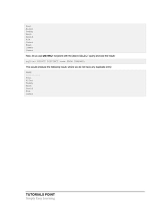 TUTORIALS POINT
Simply Easy Learning
Paul
Allen
Teddy
Mark
David
Kim
James
Paul
James
James
Now, let us use DISTINCT keyword with the above SELECT query and see the result:
sqlite> SELECT DISTINCT name FROM COMPANY;
This would produce the following result, where we do not have any duplicate entry:
NAME
----------
Paul
Allen
Teddy
Mark
David
Kim
James
 