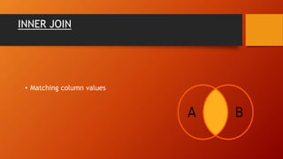 INNER JOIN
• Matching column values
 