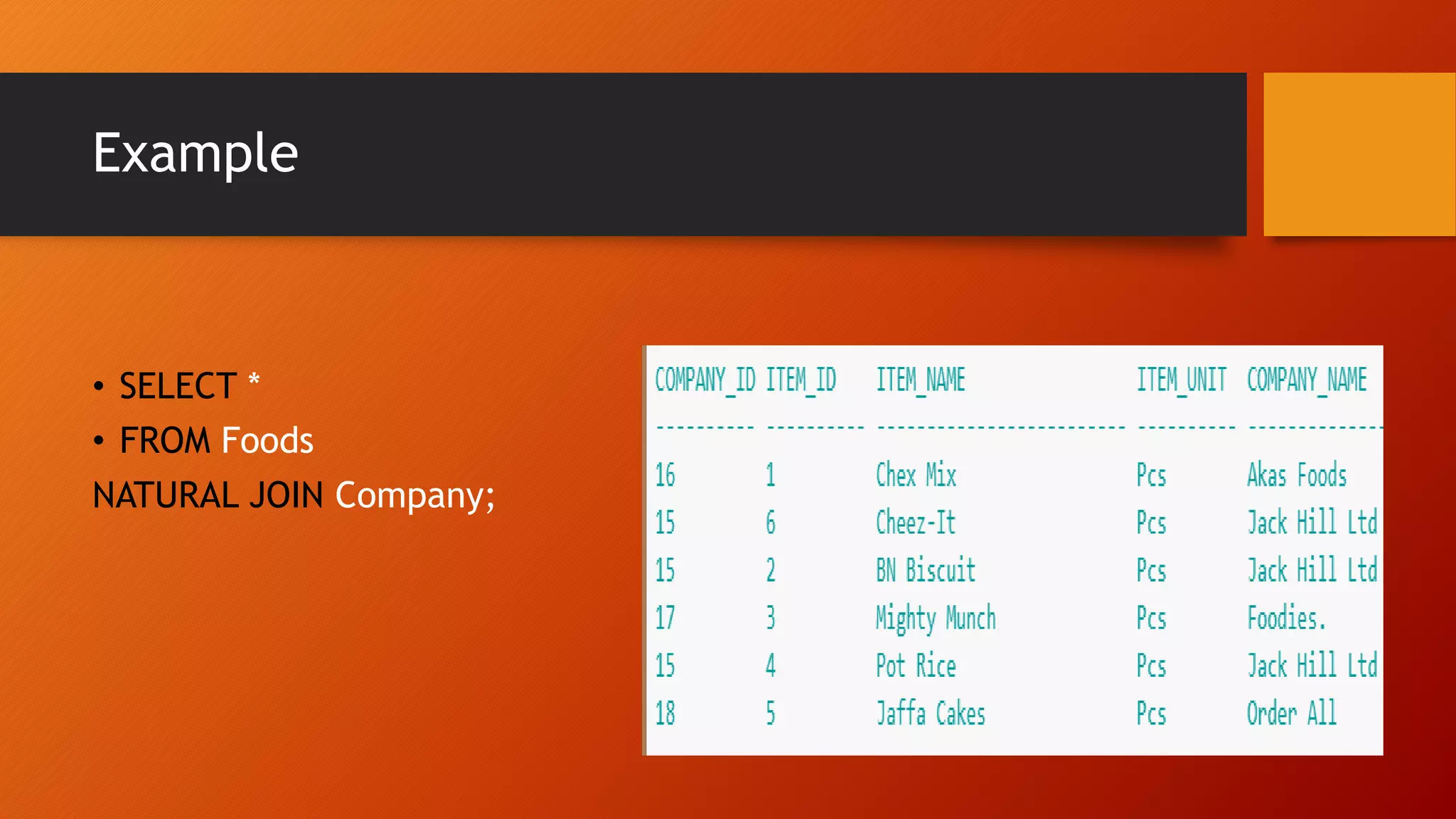 Example
&bull; SELECT *
&bull; FROM Foods
NATURAL JOIN Company;
 