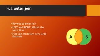 Full outer join
• Reverse to Inner join
• LEFT and RIGHT JOIN at the
same time
• Full join can return very large
datasets.
 
