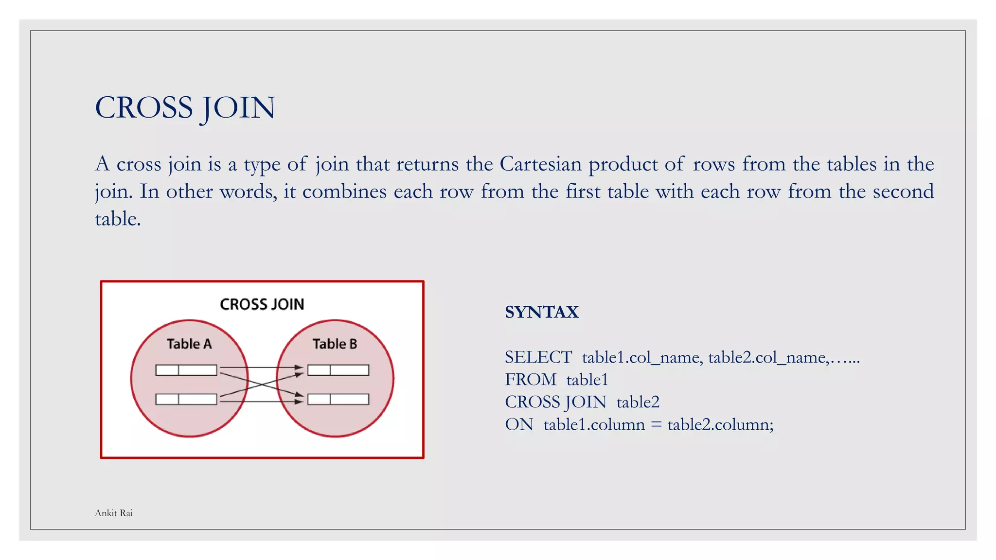 CROSS JOIN
A cross join is a type of join that returns the Cartesian product of rows from the tables in the
join. In other words, it combines each row from the first table with each row from the second
table.
SYNTAX
SELECT table1.col_name, table2.col_name,…...
FROM table1
CROSS JOIN table2
ON table1.column = table2.column;
Ankit Rai
 