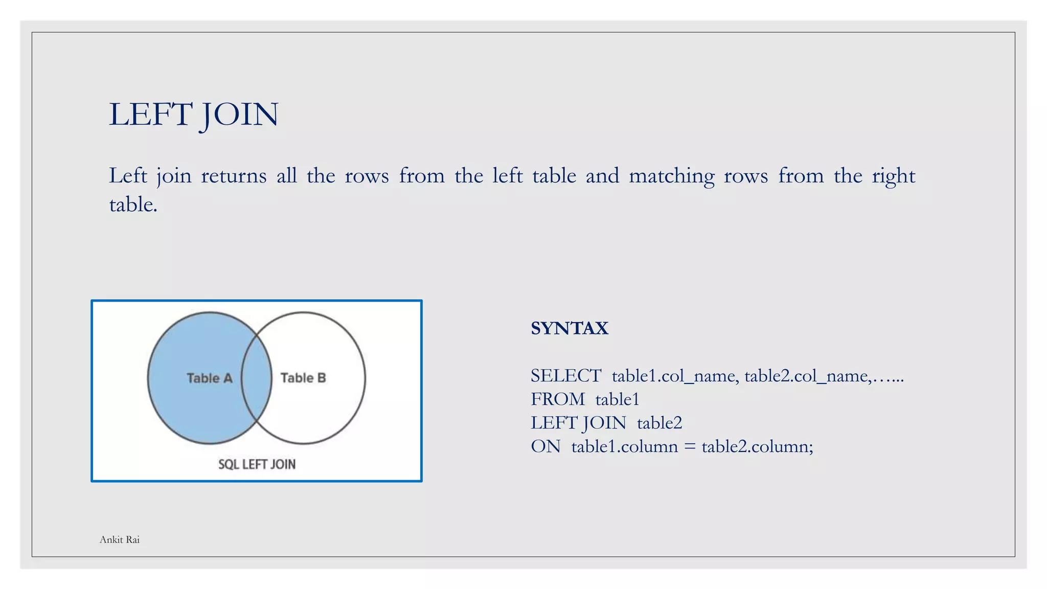 LEFT JOIN
Left join returns all the rows from the left table and matching rows from the right
table.
SYNTAX
SELECT table1.col_name, table2.col_name,…...
FROM table1
LEFT JOIN table2
ON table1.column = table2.column;
Ankit Rai
 