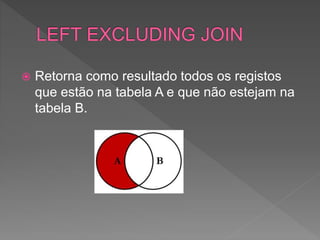  Retorna como resultado todos os registos
que estão na tabela A e que não estejam na
tabela B.
 