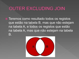  Teremos como resultado todos os registos
que estão na tabela B, mas que não estejam
na tabela A, e todos os registos que estão
na tabela A, mas que não estejam na tabela
B.
 
