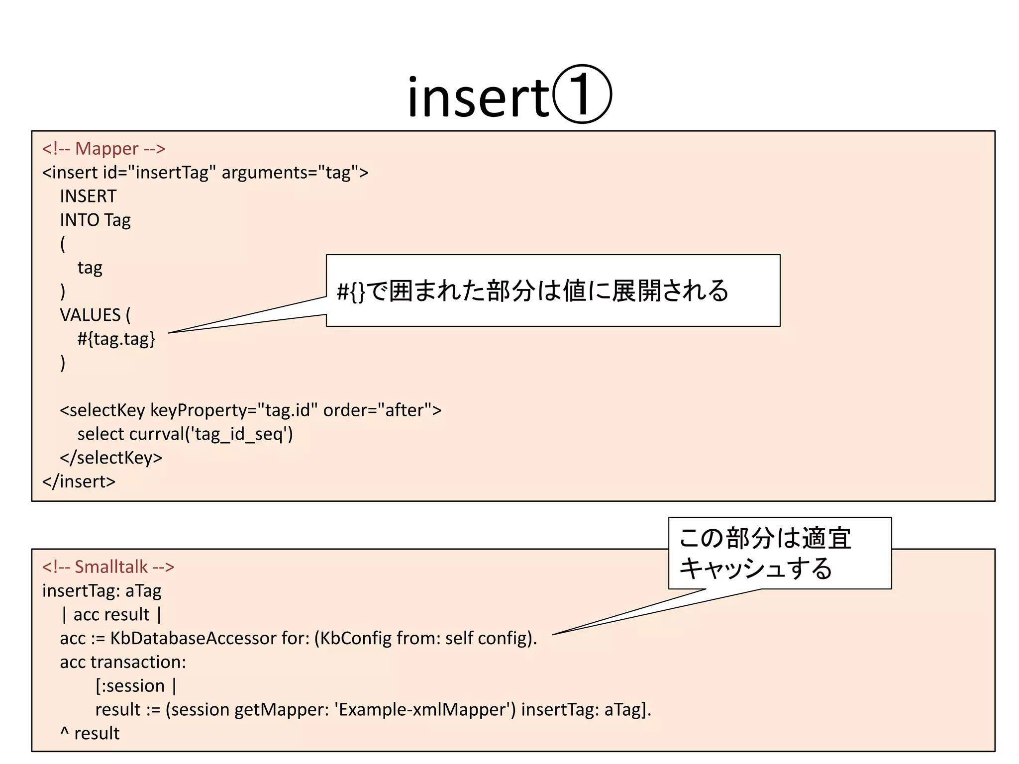 insert①
<!-- Mapper -->
<insert id="insertTag" arguments="tag">
INSERT
INTO Tag
(
tag
)
VALUES (
#{tag.tag}
)
<selectKey keyProperty="tag.id" order="after">
select currval('tag_id_seq')
</selectKey>
</insert>
<!-- Smalltalk -->
insertTag: aTag
| acc result |
acc := KbDatabaseAccessor for: (KbConfig from: self config).
acc transaction:
[:session |
result := (session getMapper: 'Example-xmlMapper') insertTag: aTag].
^ result
この部分は適宜
キャッシュする
#{}で囲まれた部分は値に展開される
 