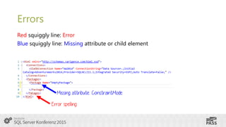Errors
Red squiggly line: Error
Blue squiggly line: Missing attribute or child element
Error spelling
Missing attribute: C...