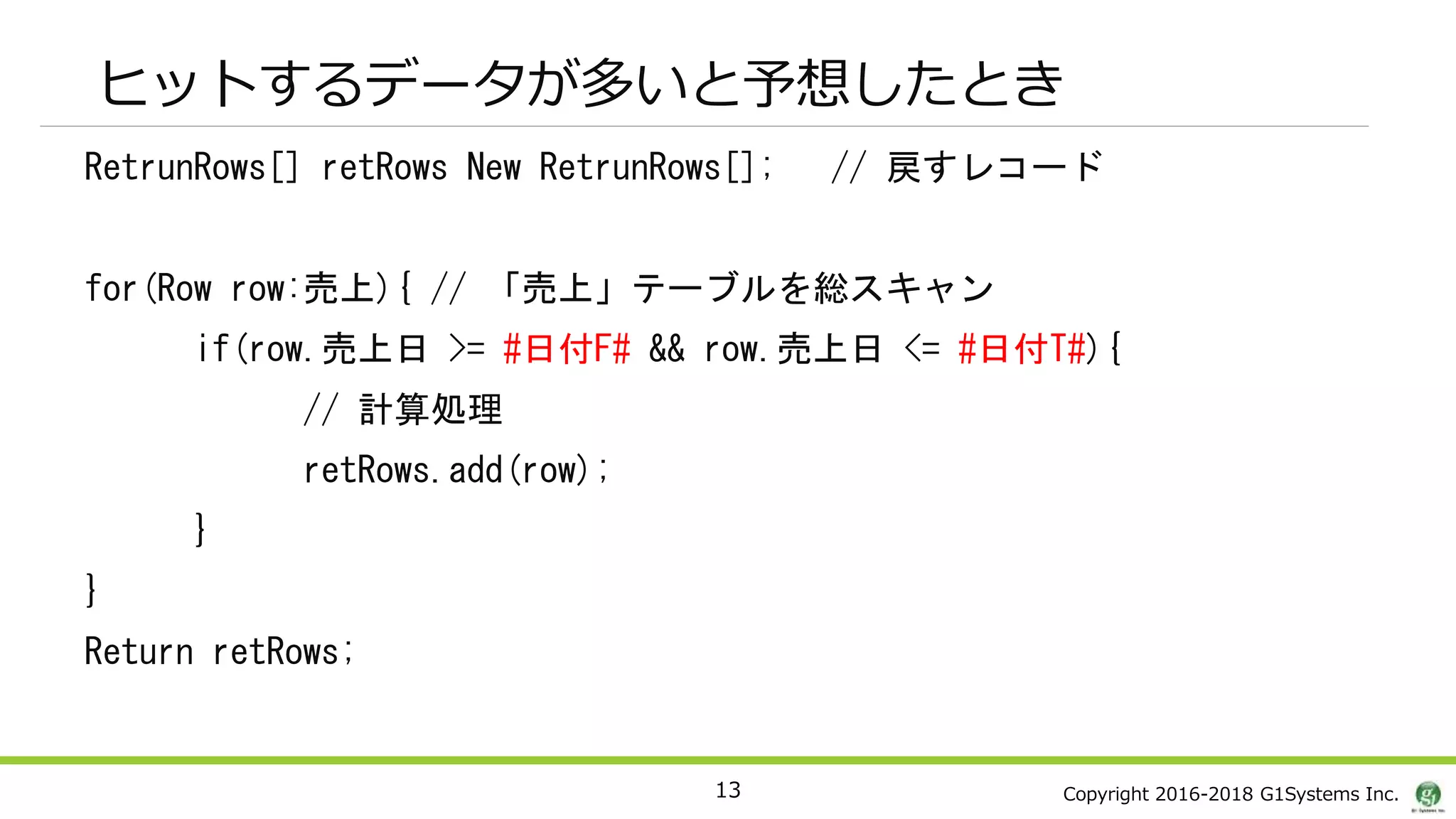 Copyright 2016-2018 G1Systems Inc.
ヒットするデータが多いと予想したとき
RetrunRows[] retRows New RetrunRows[]; // 戻すレコード
for(Row row:売上){ // 「売上」テーブルを総スキャン
if(row.売上日 >= #日付F# && row.売上日 <= #日付T#){
// 計算処理
retRows.add(row);
}
}
Return retRows;
13
 