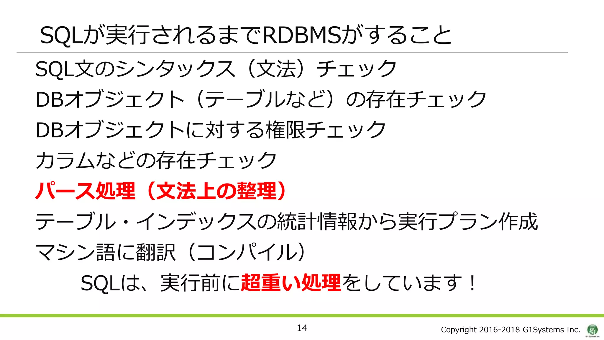 Copyright 2016-2018 G1Systems Inc.
SQLが実行されるまでRDBMSがすること
SQL文のシンタックス（文法）チェック
DBオブジェクト（テーブルなど）の存在チェック
DBオブジェクトに対する権限チェック
カラムなどの存在チェック
パース処理（文法上の整理）
テーブル・インデックスの統計情報から実行プラン作成
マシン語に翻訳（コンパイル）
SQLは、実行前に超重い処理をしています！
14
 