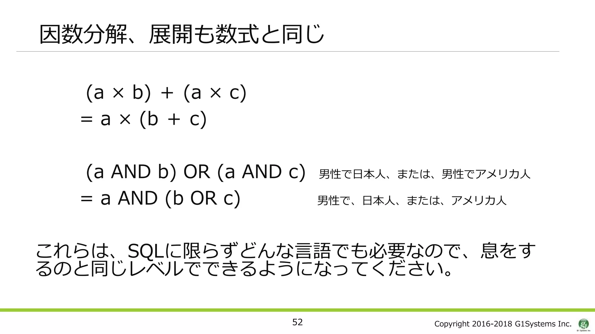Copyright 2016-2018 G1Systems Inc.
因数分解、展開も数式と同じ
(a × b) ＋ (a × c)
= a × (b ＋ c)
(a AND b) OR (a AND c) 男性で日本人、または、男性でアメリカ人
= a AND (b OR c) 男性で、日本人、または、アメリカ人
これらは、SQLに限らずどんな言語でも必要なので、息をす
るのと同じレベルでできるようになってください。
52
 