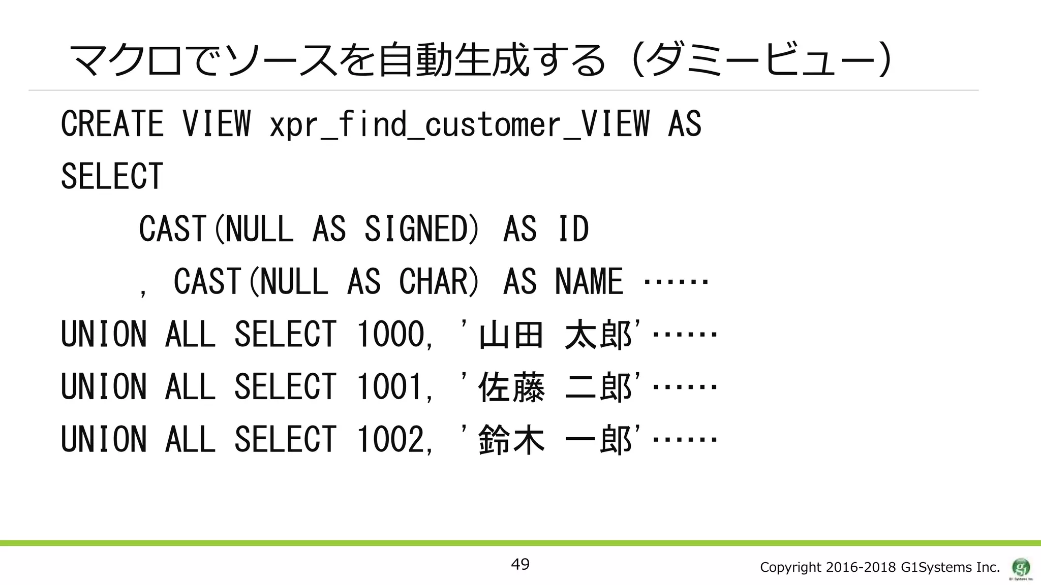 Copyright 2016-2018 G1Systems Inc.
マクロでソースを自動生成する（ダミービュー）
CREATE VIEW xpr_find_customer_VIEW AS
SELECT
CAST(NULL AS SIGNED) AS ID
, CAST(NULL AS CHAR) AS NAME ……
UNION ALL SELECT 1000, '山田 太郎'……
UNION ALL SELECT 1001, '佐藤 二郎'……
UNION ALL SELECT 1002, '鈴木 一郎'……
49
 