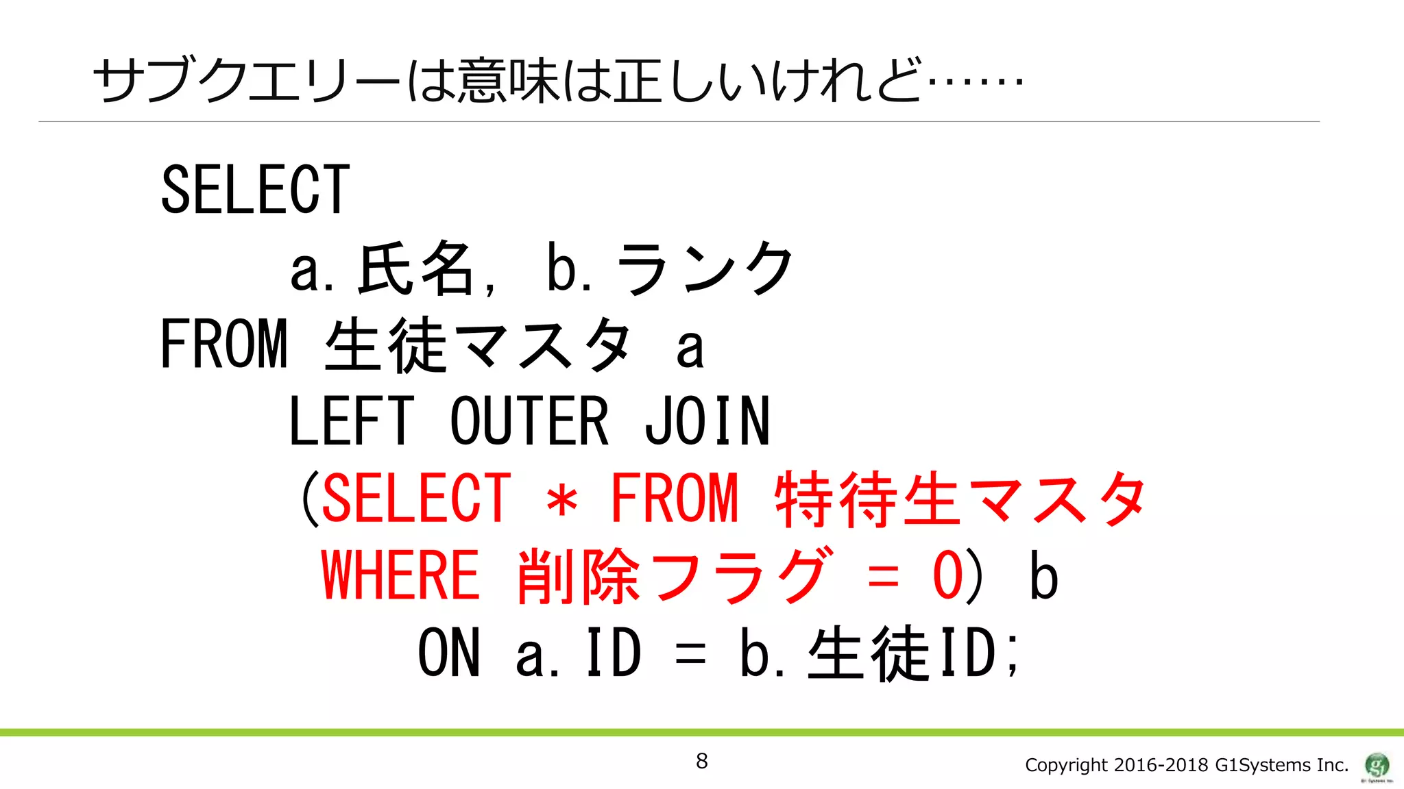 Copyright 2016-2018 G1Systems Inc.
サブクエリーは意味は正しいけれど……
8
SELECT
a.氏名, b.ランク
FROM 生徒マスタ a
LEFT OUTER JOIN
(SELECT * FROM 特待生マスタ
WHERE 削除フラグ = 0) b
ON a.ID = b.生徒ID;
 