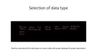 Selection of data type
Need to understand all the data types to create a table with proper datatype for proper optimization
 