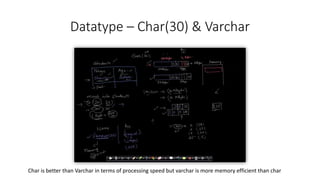 Datatype – Char(30) & Varchar
Char is better than Varchar in terms of processing speed but varchar is more memory efficient than char
 
