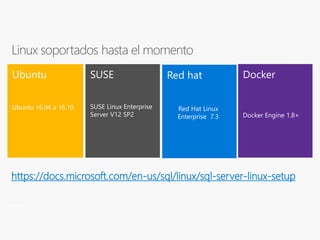 Ubuntu
Ubuntu 16.04 a 16.10
SUSE
SUSE Linux Enterprise
Server V12 SP2
Red hat
Red Hat Linux
Enterprise 7.3
Linux soportados hasta el momento
Security
Docker
Docker Engine 1.8+
https://docs.microsoft.com/en-us/sql/linux/sql-server-linux-setup
 