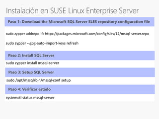 sudo zypper addrepo -fc https://packages.microsoft.com/config/sles/12/mssql-server.repo
sudo zypper --gpg-auto-import-keys refresh
Paso 1: Download the Microsoft SQL Server SLES repository configuration file
Paso 2: Install SQL Server
sudo zypper install mssql-server
Paso 3: Setup SQL Server
sudo /opt/mssql/bin/mssql-conf setup
Paso 4: Verificar estado
systemctl status mssql-server
 