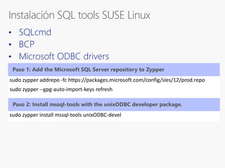 sudo zypper addrepo -fc https://packages.microsoft.com/config/sles/12/prod.repo
sudo zypper --gpg-auto-import-keys refresh
Paso 1: Add the Microsoft SQL Server repository to Zypper
Paso 2: Install mssql-tools with the unixODBC developer package.
sudo zypper install mssql-tools unixODBC-devel
 