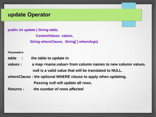 update Operator
public int update ( String table,
ContentValues values,
String whereClause, String[ ] whereArgs)
Parameters
table : the table to update in
values : a map <name,value> from column names to new column values.
null is a valid value that will be translated to NULL.
whereClause : the optional WHERE clause to apply when updating.
Passing null will update all rows.
Returns : the number of rows affected
 