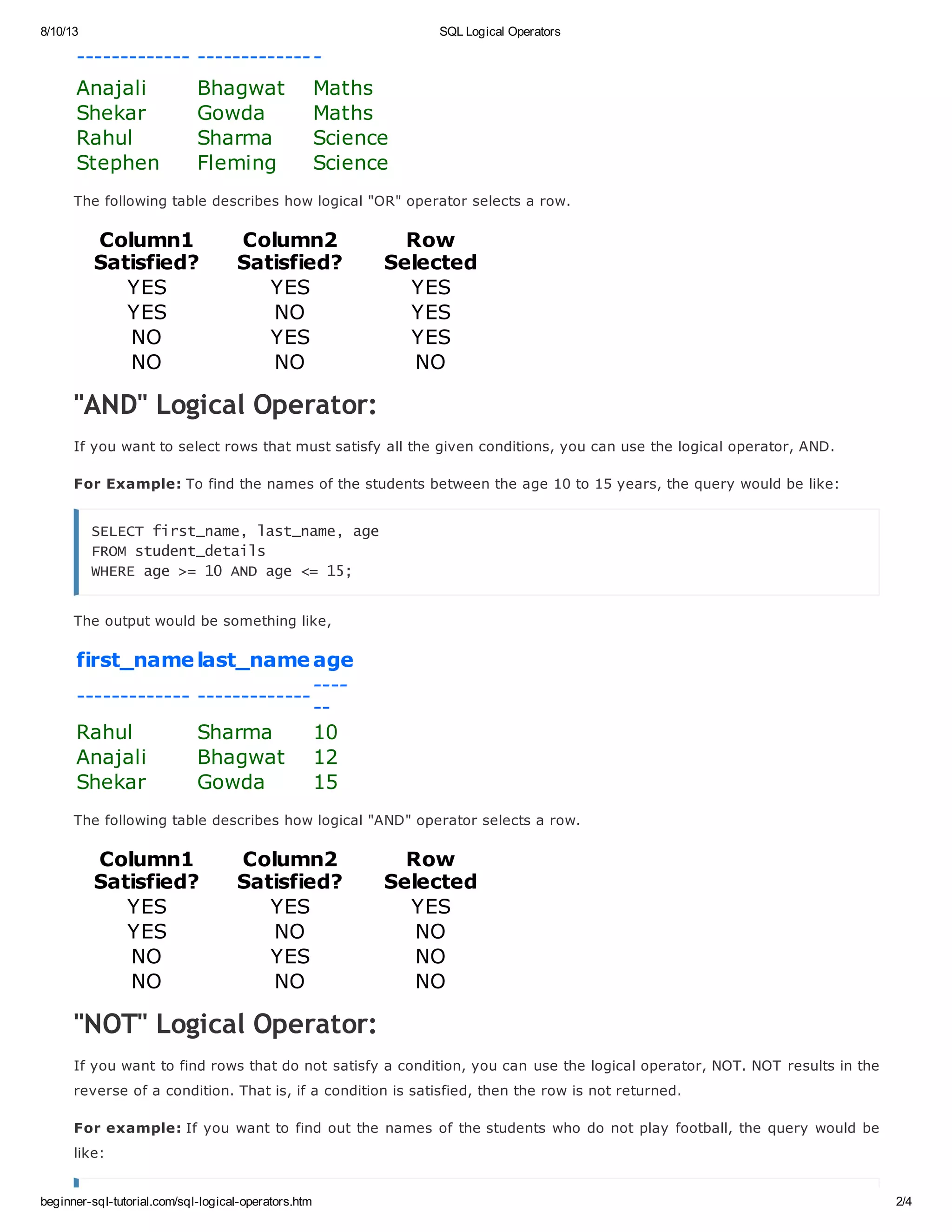 Sql logical operators | PDF
