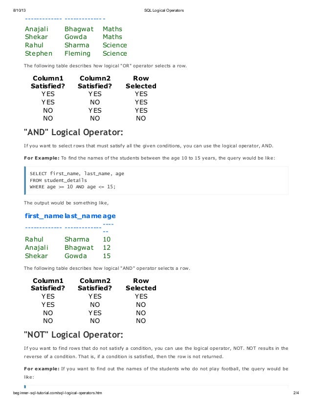 Sql logical operators