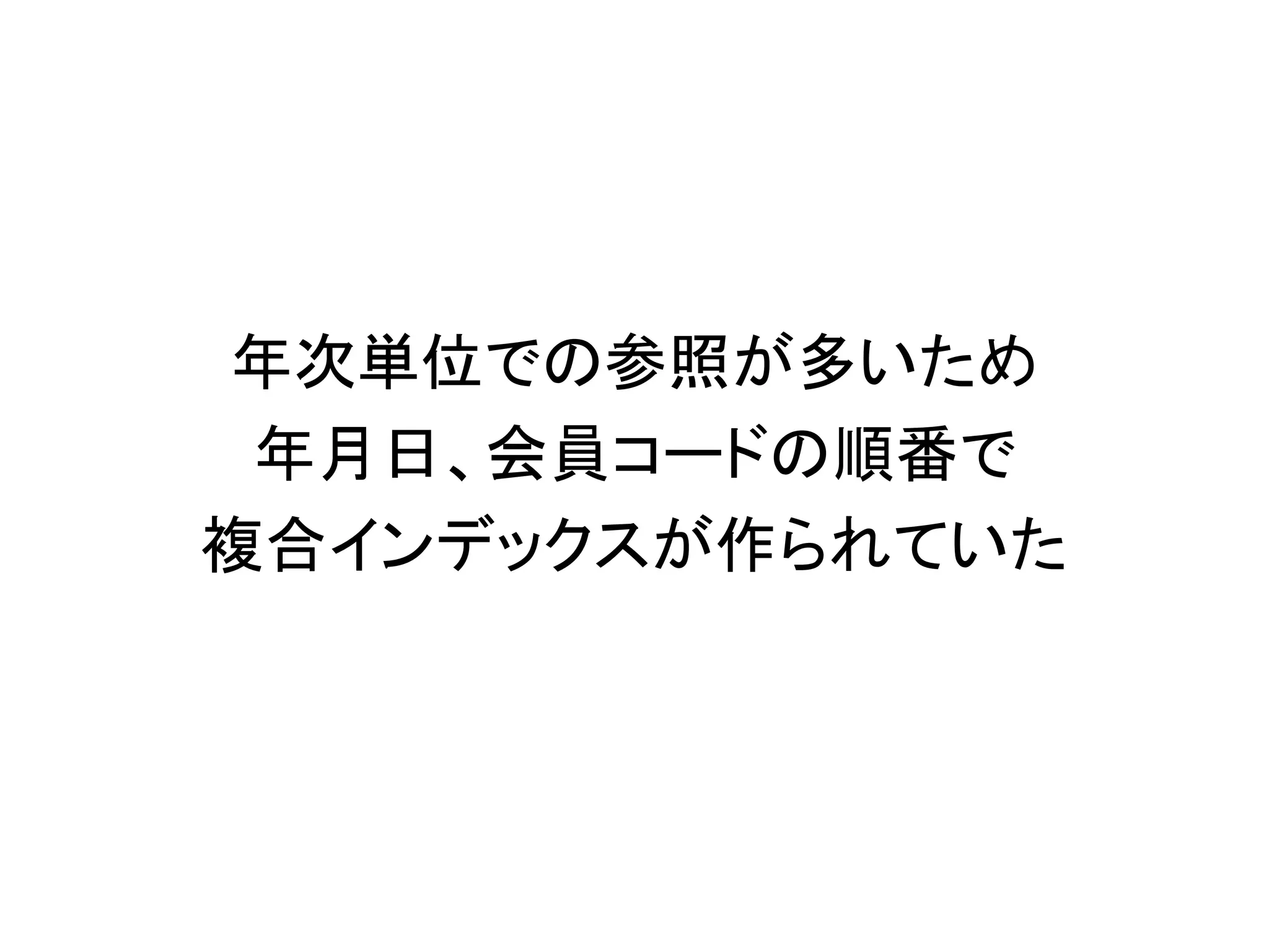 年次単位での参照が多いため
年月日、会員コードの順番で
複合インデックスが作られていた
 