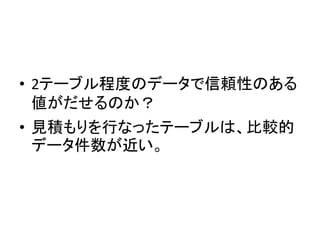 • 2テーブル程度のデータで信頼性のある
値がだせるのか？
• 見積もりを行なったテーブルは、比較的
データ件数が近い。
 