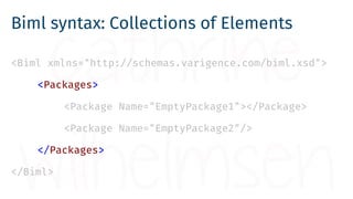 Biml syntax: Elements
<Biml xmlns="http://schemas.varigence.com/biml.xsd">
<Packages>
<Package Name="EmptyPackage1"></Pack...