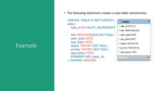 Example
• The following statement creates a new table named tasks:
CREATE TABLE IF NOT EXISTS t
asks (
task_id INT AUTO_INCREMENT
,
title VARCHAR(255) NOT NULL,
start_date DATE,
due_date DATE,
status TINYINT NOT NULL,
priority TINYINT NOT NULL,
description TEXT,
PRIMARY KEY (task_id)
) ENGINE=INNODB;
 