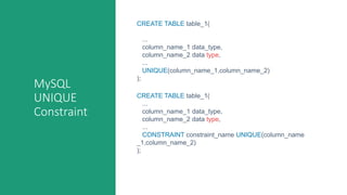 MySQL
UNIQUE
Constraint
CREATE TABLE table_1(
...
column_name_1 data_type,
column_name_2 data type,
...
UNIQUE(column_name_1,column_name_2)
);
CREATE TABLE table_1(
...
column_name_1 data_type,
column_name_2 data type,
...
CONSTRAINT constraint_name UNIQUE(column_name
_1,column_name_2)
);
 