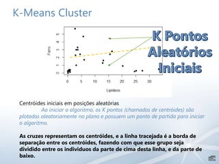 K-Means Cluster
Centróides iniciais em posições aleatórias
Ao iniciar o algoritmo, os K pontos (chamados de centróides) são
plotados aleatoriamente no plano e possuem um ponto de partida para iniciar
o algoritmo.
As cruzes representam os centróides, e a linha tracejada é a borda de
separação entre os centróides, fazendo com que esse grupo seja
dividido entre os individuos da parte de cima desta linha, e da parte de
baixo.
 
