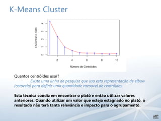K-Means Cluster
Quantos centróides usar?
Existe uma linha de pesquisa que usa esta representação de elbow
(cotovelo) para definir uma quantidade razoavel de centróides.
Esta técnica condiz em encontrar o platô e então utilizar valores
anteriores. Quando utilizar um valor que esteja estagnado no platô, o
resultado não terá tanta relevância e impacto para o agrupamento.
 
